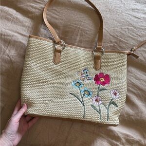 Floral Embroidered woman’s Tan woven Tote Bag